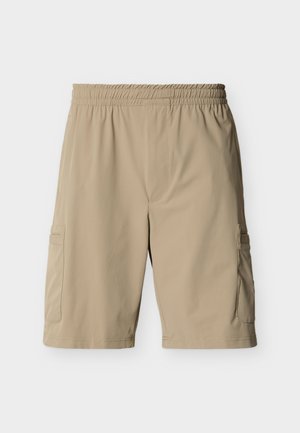 Beeži värvi kerged kangast cargo-püksid, millel on elastne vöökoht, küljetaskud ja sile tekstuur.