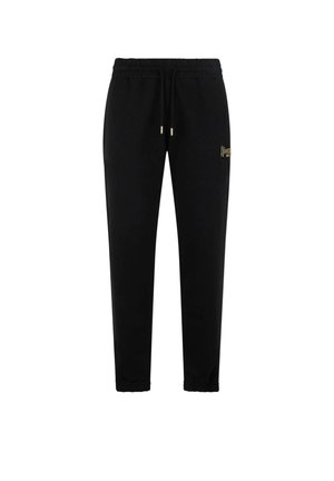 Pantaloni della tuta neri con vita e polsini elasticizzati, coulisse frontale e piccolo logo dorato sulla coscia superiore sinistra.