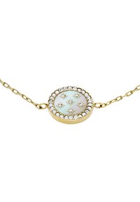 Gold necklace featuring a round, opal-like center with a star pattern, surrounded by clear rhinestones on a delicate chain.