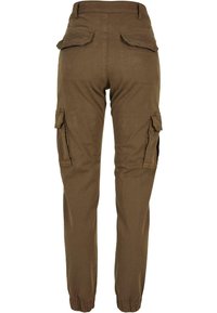 Brown cargo pants with elastic cuffs, flap pockets on the back, and additional flap pockets on the sides of the legs.
