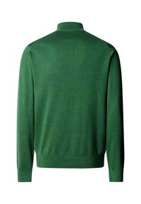 Zelený sveter s dlhými rukávmi so žebrovaným golierom, manžetami a pásom, zobrazený zozadu na bielom pozadí.
