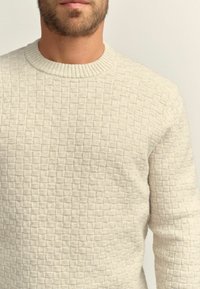 Maglione beige chiaro con un motivo a griglia testurizzato, collo a costine e maniche lunghe. Realizzato in un morbido tessuto lavorato a maglia.