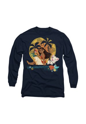 Navy long-sleeve shirt featuring a cartoon design of a girl with long hair, surrounded by tropical elements and characters, with vibrant colors.