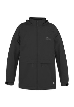 Schwarze wasserdichte Jacke mit hohem Kragen, Frontreißverschluss, elastischen Bündchen und einem Berg-Logo auf der Brust. Schlichtes und funktionales Design.