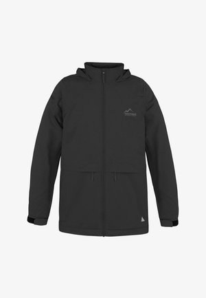 Black waterproof jacket with a high collar, front zipper, elastic cuffs, and a mountain logo on the chest. Simple and functional design.