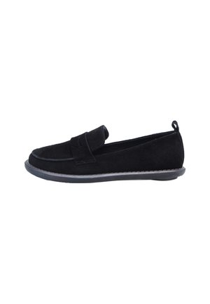 Black suede loafers with a flat rubber sole, round toe, and a strap accent across the vamp. Seam detailing along the sole.