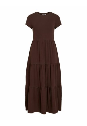 Donkerbruine maxidress met korte mouwen, een ronde halslijn en geplooide naden die drie vloeiende roklagen creëren.