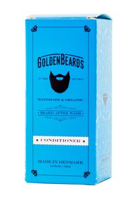 Blaue Pappschachtel für Bartconditioner mit schwarzem Text, diamantartigen Akzenten und einer Bartgrafik. Enthält 100ml, handgefertigt in Dänemark.