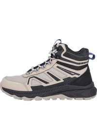 Boot da trekking waterproof a metà altezza in beige e nero, con pannelli in rete, dettagli testurizzati, suola resistente e occhielli rinforzati con lacci.