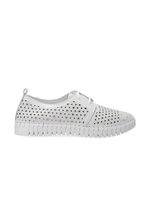 White shoes with a geometric black and white pattern, made of flexible material, featuring a textured sole and lace-up design.
