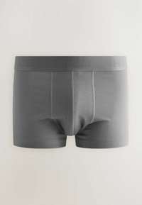 Boxer breves de algodón gris con una cinturilla ancha que presenta un logo en relieve. Diseño ceñido con una textura suave y sin patrones visibles.