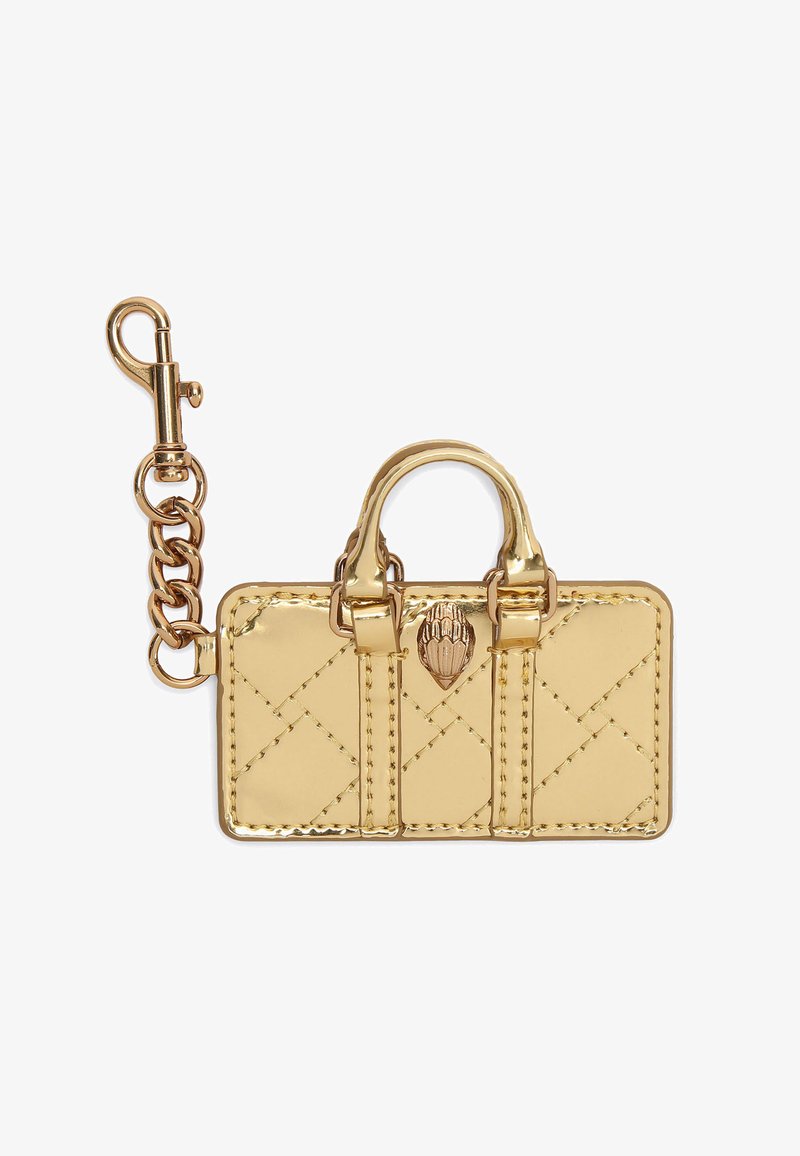 Portachiavi mini borsa in finta pelle dorata con motivo trapuntato, maniglie doppie e chiusura in tonalità dorata. Presenta un emblematico decorativo sul davanti.
