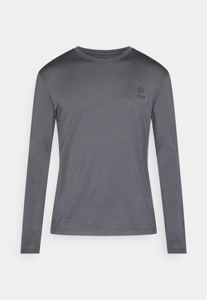 Long-sleeve shirt in dark gray, made of soft fabric. Features a small floral print at the chest and a crew neckline. Simple design.