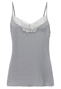 Camisola grigia realizzata in materiale leggero, con un bordo in pizzo lungo il colletto e spalline sottili e regolabili. Tessuto morbido.