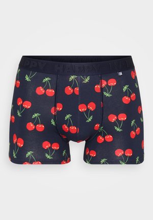 Navy blue boxer shorts with a cherry pattern, featuring red cherries on green stems. Elastic waistband embossed with the word "HAPPY."