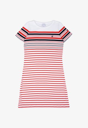 Robe rayée avec des rayures horizontales rouges, blanches et bleu marine, manches courtes et encolure ronde. Le tissu est doux et extensible.