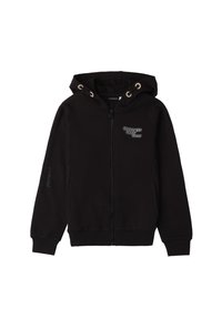 Sudadera con cremallera negra hecha de algodón suave, con un bolsillo frontal, capucha con cordón y el texto "Más fuerte que nunca" bordado en el pecho.