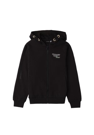 Zwarte zip-up hoodie gemaakt van zachte katoen, met een voorzak, trekkoord capuchon, en de tekst "Stronger than ever" geborduurd op de borst.