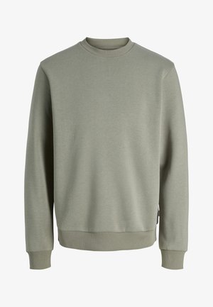 Langärmliges, olivgrünes Sweatshirt mit Rundhalsausschnitt, gerippten Bündchen und Saum, schlichtes Design, auf weißem Hintergrund dargestellt.