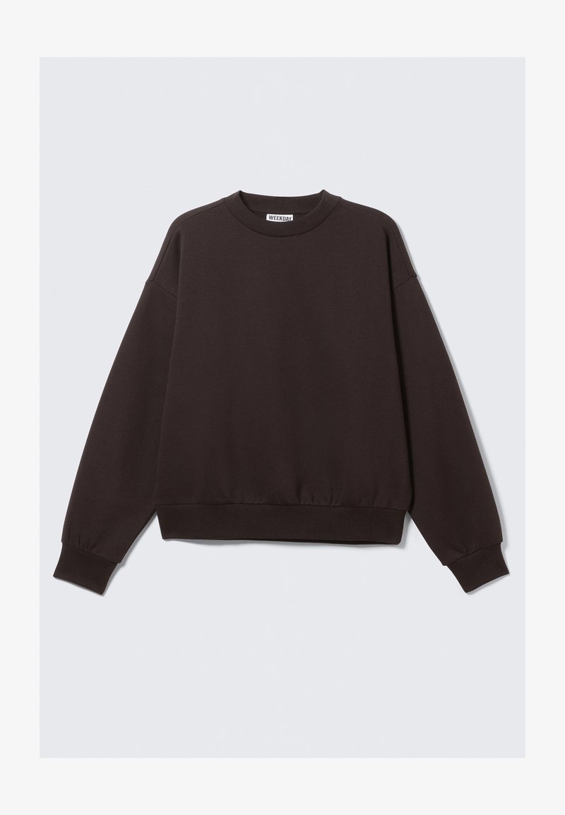 Schwarzer Pullover mit Rundhalsausschnitt, gerippten Bündchen und Saum sowie lockerem Schnitt. Hergestellt aus weichem Stoff mit glatter Textur, ohne sichtbare Muster.