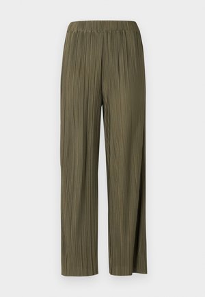 Pantalon large couleur vert olive avec plis verticaux et taille élastique, présenté sur un fond clair uni.