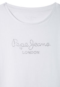 Weiße Baumwoll-T-Shirt mit rundem Ausschnitt, das das Logo "Pepe Jeans LONDON" aus Strasssteinen im Brustbereich präsentiert.