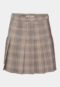 Falda de cuadros con diseño plisado en tonos gris, amarillo y púrpura. Fabricada en tejido entrelazado, tiene una cinturilla ajustada y se ensancha en la parte inferior.