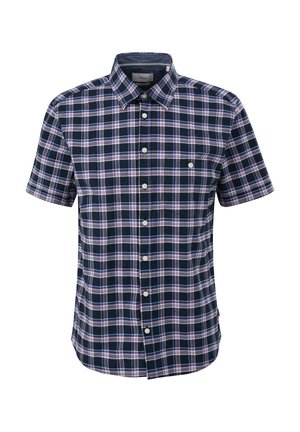 Short-sleeve plaid shirt in navy, white, and pink. Features a button-down collar, front pocket, and button closure. Made from a lightweight fabric.