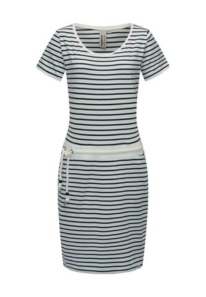 Striped dress in white and navy, short sleeves, round neckline, with a drawstring waist and two side pockets. Soft cotton material.