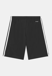 Black athletic shorts made of smooth fabric, featuring white side stripes and an "AEROREADY" logo on the back waistband.