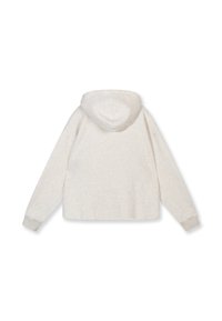 Sudadera con capucha en gris claro, hecha de una tela suave y texturizada. Presenta un diseño recortado y mangas largas con puños de canalé.