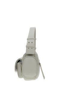 Borsa a tracolla in pelle grigia chiara con forma strutturata, tracolla regolabile e tasca frontale con zip. Texture liscia con dettagli in argento.
