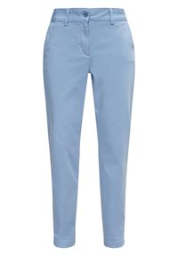 Ljusblå chinos med slim fit, slät framsida, bältesloopar och sidofickor; slät textur med en ren design.