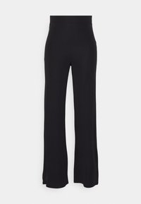 Černé široké kalhoty z měkkého a elastického materiálu. Pas je elastický a lem má mírné rozpětí. Bez viditelných vzorů.