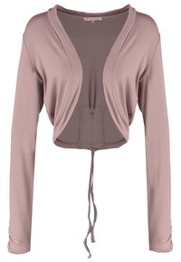 Jasnofioletowy, krótkie sweter, długie rękawy, miękka tkanina, otwarty przód, sznurek w dolnej części, ściśnięcia w okolicy dekoltu i pasa.