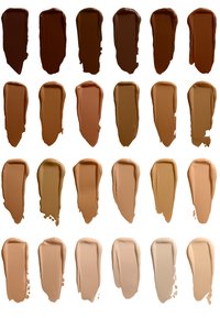Palette di tonalità di fondotinta in diverse sfumature, dal marrone scuro al beige chiaro, con texture lisce e cremose e tratti irregolari e arrotondati.
