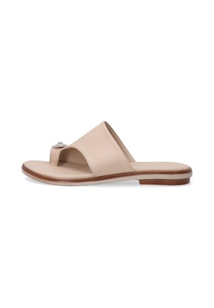 Beige læder slide sandal med tåsløjfe, flad træsål og dekorativ udsmykning på remmen. Glat tekstur og minimalistisk design.