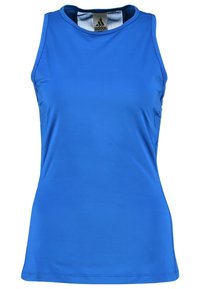 Débardeur de sport bleu en tissu lisse. Il présente un col rond, un design sans manches et des détails de couture subtils.