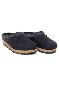 Dark blue felt clogs with a cork sole and a patterned fabric trim along the top. Rounded toe and backless design for easy wear.