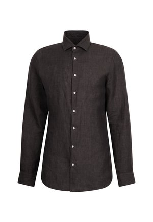 Chemise longue à manches noires en lin avec un col, un boutonnière à l'avant et un ourlet droit. Présente des boutons blancs et un tissu texturé.