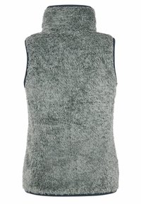 Faux-Fur-Weste in sanftem Grün mit hohem Kragen und ärmellosem Design, ausgestattet mit einer weichen, flauschigen Textur und einem dunkelblauen Saum.
