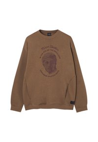 Brun rundhalsad sweatshirt i mjukt tyg, med en central grafisk tryck av ett ansikte och texten "Miron Studios" samt "Chihuahua Houston Texas."