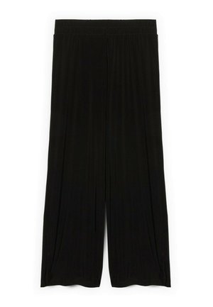 Pantalones anchos negros de corte holgado con cintura elástica, diseñados para un uso informal o relajado.