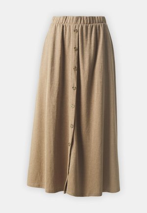 Khaki midi-skjørt med samlet elastisk midje og en knappelukking foran med fem runde knapper, laget av et mykt og teksturert stoff.