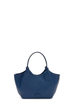 Bolso tote de cuero azul marino con asas redondeadas y superficie ligeramente texturizada, forma estructurada pero suave, en posición vertical.