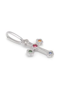 Pendente a forma di croce in argento con gemme colorate: rosso, blu, verde, arancione. Design texturizzato con estremità arrotondate e un anello per il fissaggio.