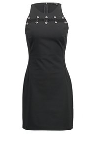 Robe noire ajustée sans manches avec col haut, boutons décoratifs argentés et fermeture éclair visible dans le dos.