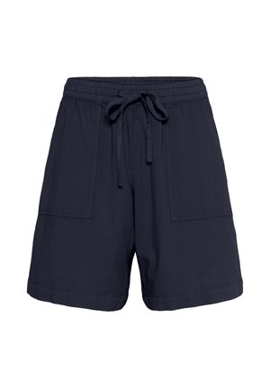 Ležerne kratke hlače mornarsko plave boje s elastičnim pojasom, prednjim vezanjem koncem i velikim prednjim zakrpnim džepovima.