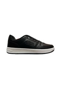 Sneaker in pelle nera con suola bianca, design con lacci e logo "ellesse" in rilievo sul lato, visto dal lato esterno.