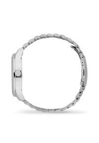 Reloj de pulsera de metal plateado con caja rectangular, bisel liso y pulsera de eslabones ovalados. Con superficie texturizada y cierre de botón a presión.